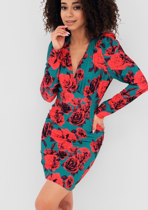 Aida - Green mini dress with a roses print