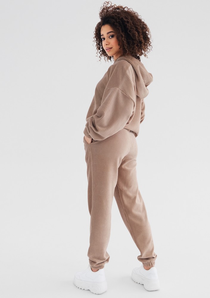 Jogg - Bluza welurowa w prążki Beżowa