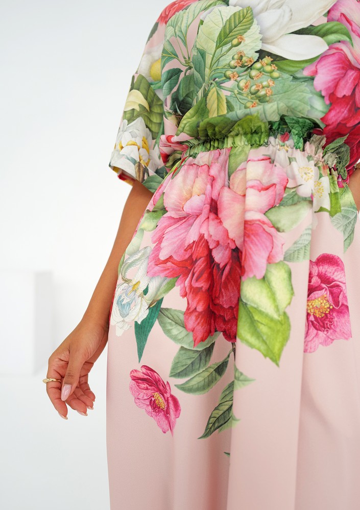 Greta - Powder pink floral printed midi dress