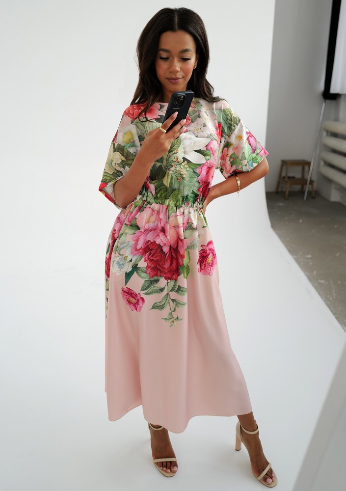 Greta - Powder pink floral printed midi dress