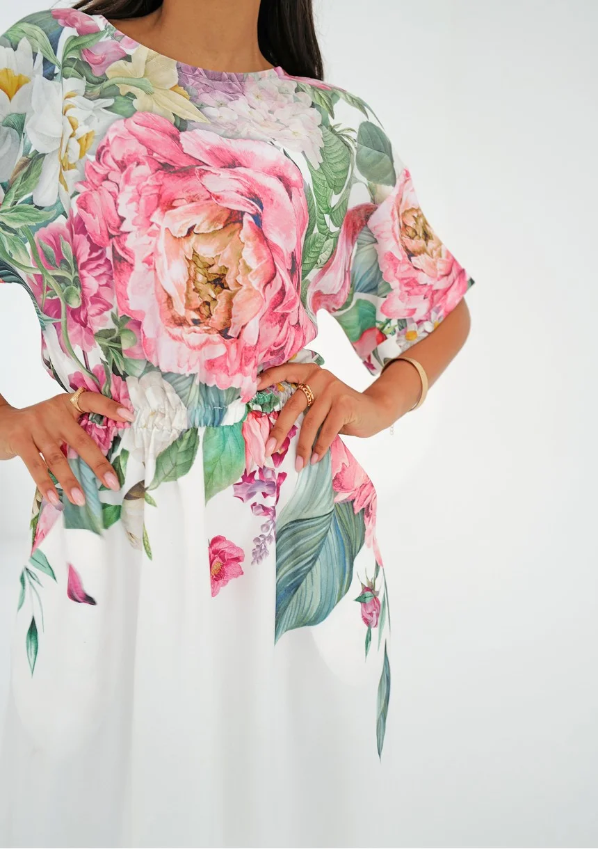 Greta - Sukienka midi z kwiatowym dekoltem Ecrue