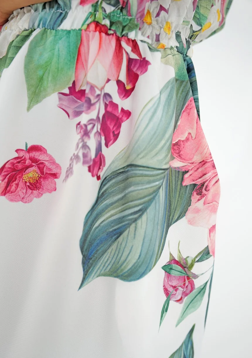 Greta - Sukienka midi z kwiatowym dekoltem Ecrue