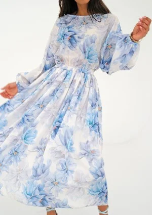 Elvire - White midi dress with a blue flowers print