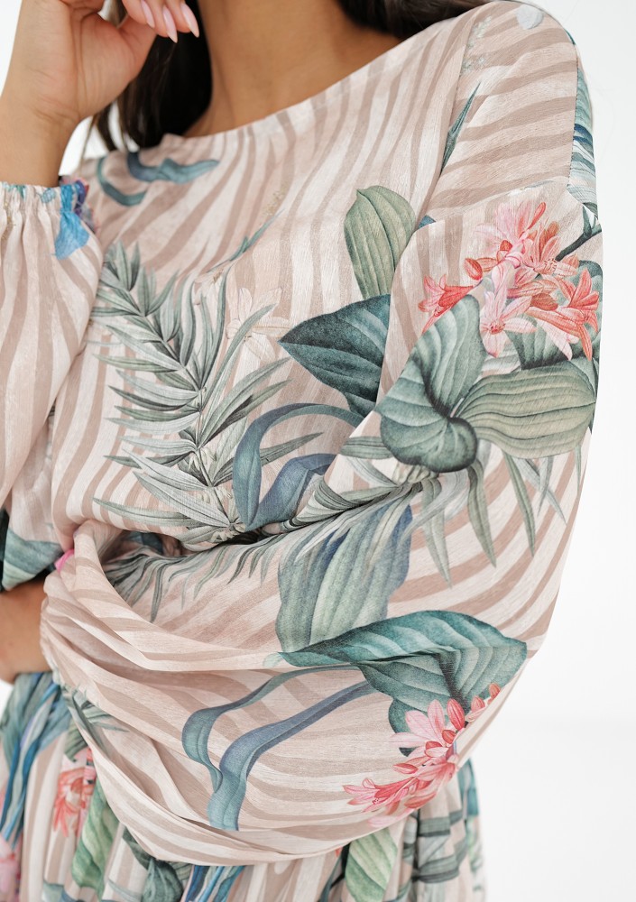 Elvire - Beige midi dress in leaves