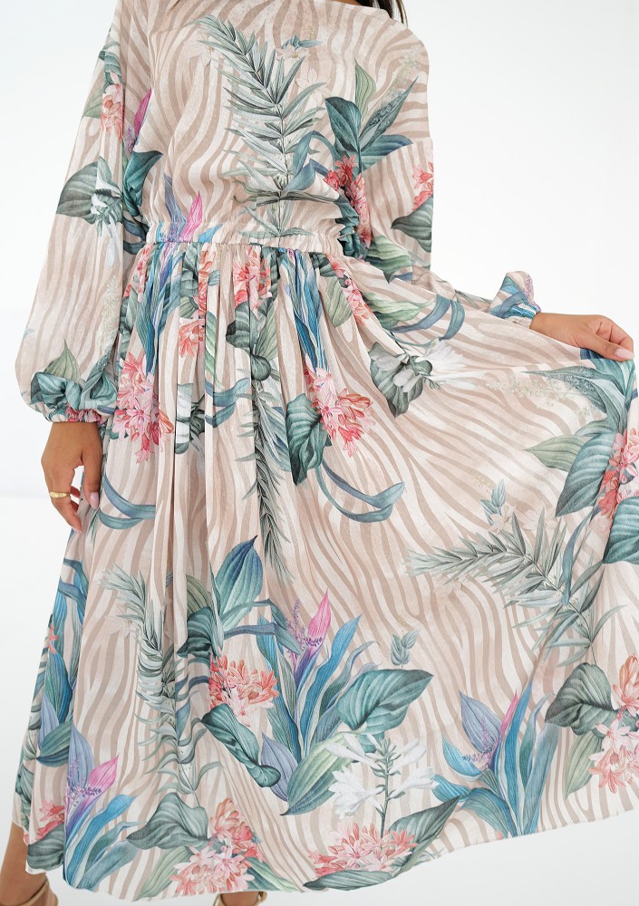 Elvire - Beige midi dress in leaves