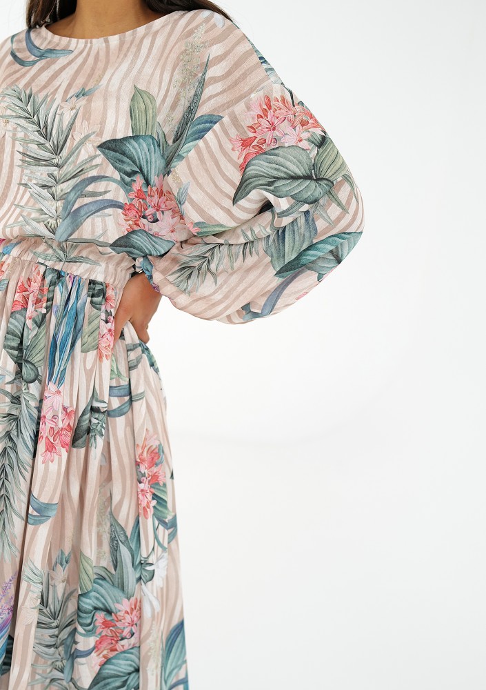 Elvire - Beige midi dress in leaves