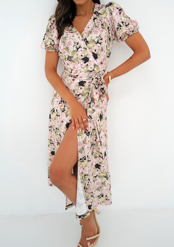 Selma - Pink flowers printed wrap dress