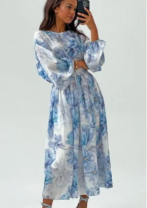 Elvire - White midi dress with a blue flowers print