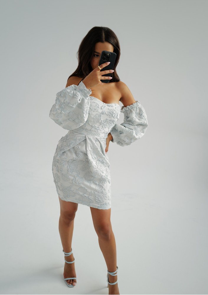 Sonia - Off shoulders blue jacquard mini dress