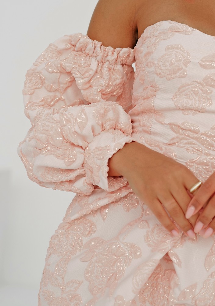 Sonia - Off shoulders powder pink jacquard mini dress