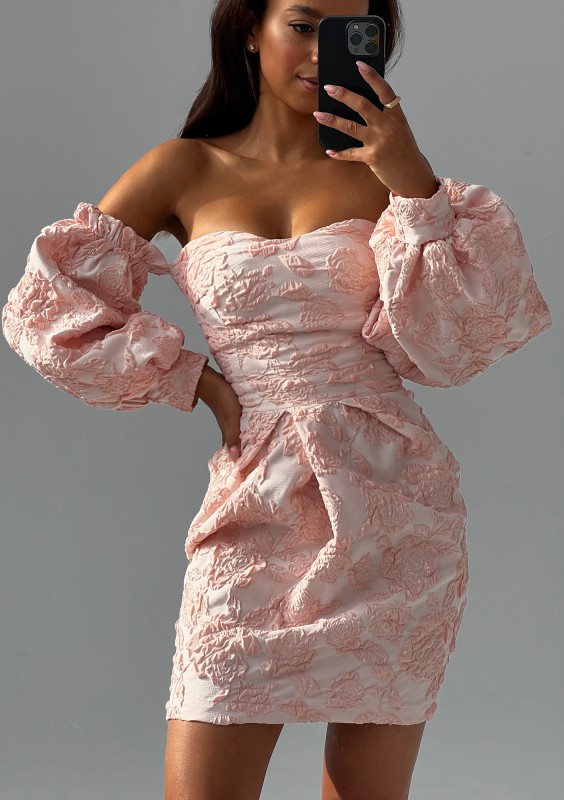 Sonia - Off shoulders powder pink jacquard mini dress
