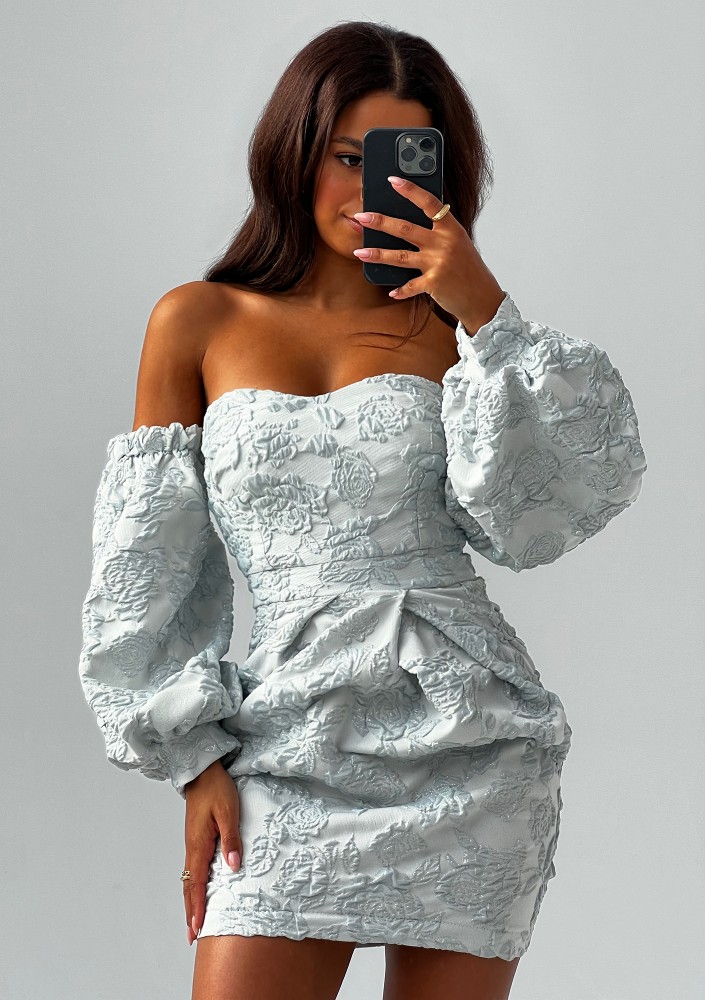 Sonia - Off shoulders blue jacquard mini dress