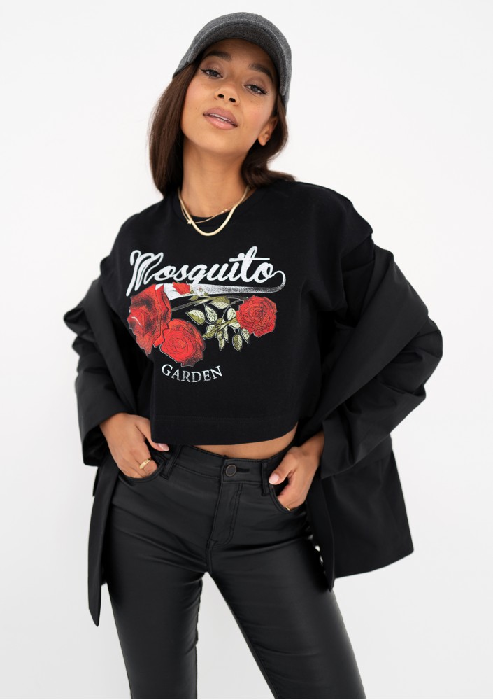 Way - Black crop top "Roses logo" print