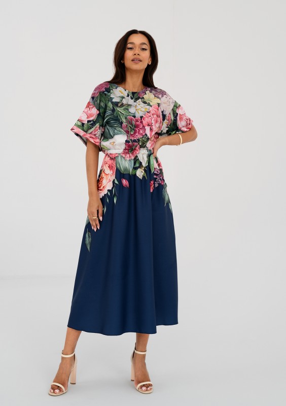 Greta - navy blue floral printed midi dress