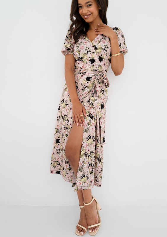 Selma - Pink flowers printed wrap dress
