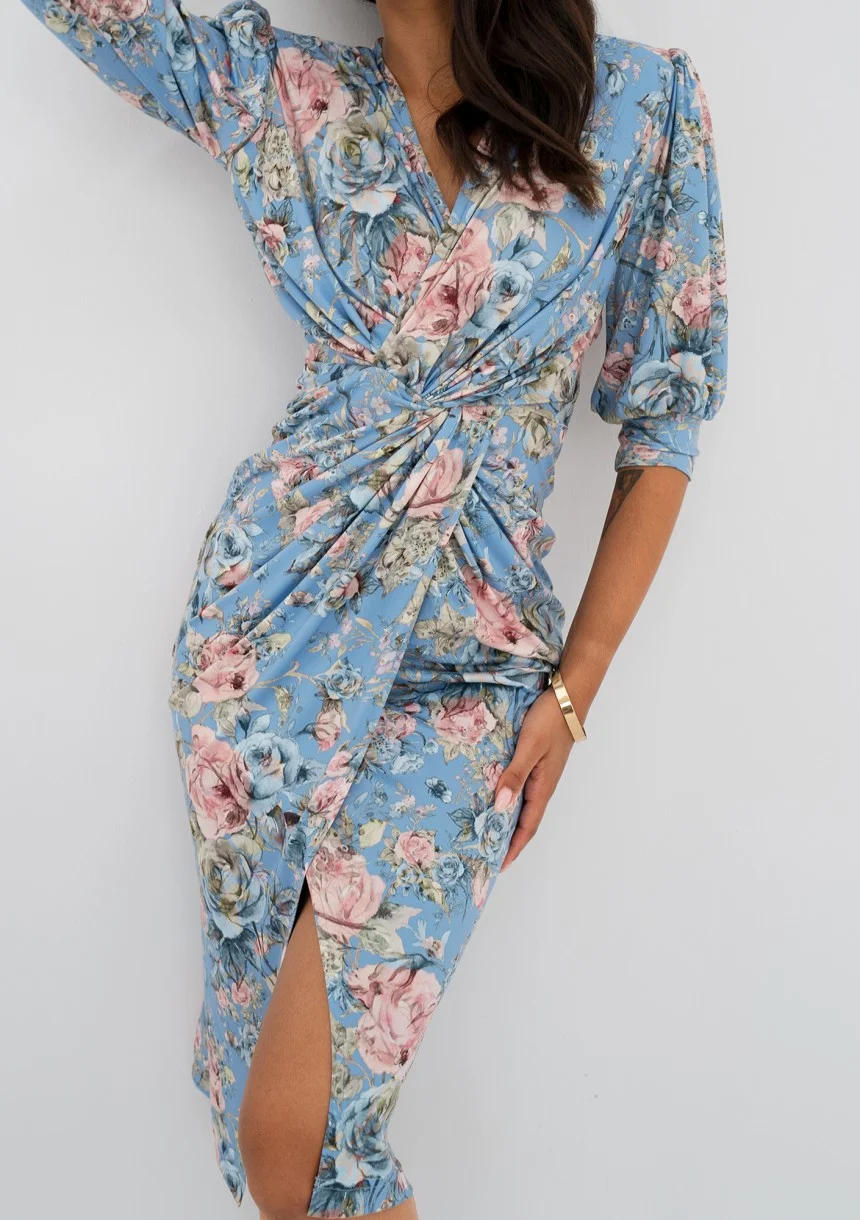 Zoela - Koktajlowa sukienka z bufkami w kwiatki
