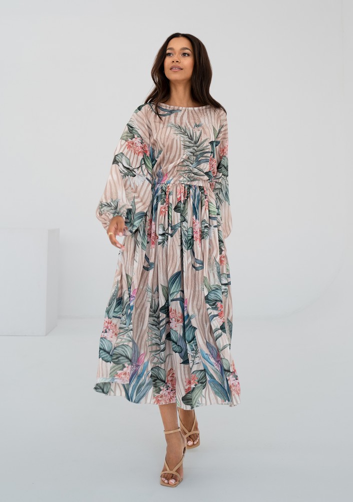 Elvire - Beige midi dress in leaves