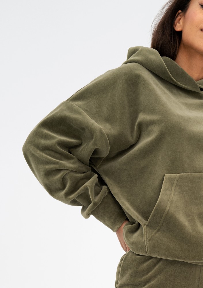 Pure - Bluza welurowa z kapturem Natural Olive