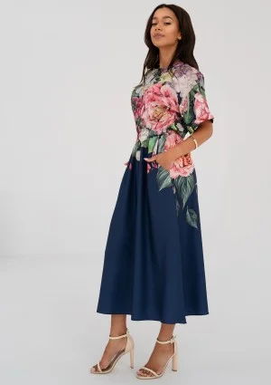 Greta - navy blue floral printed midi dress