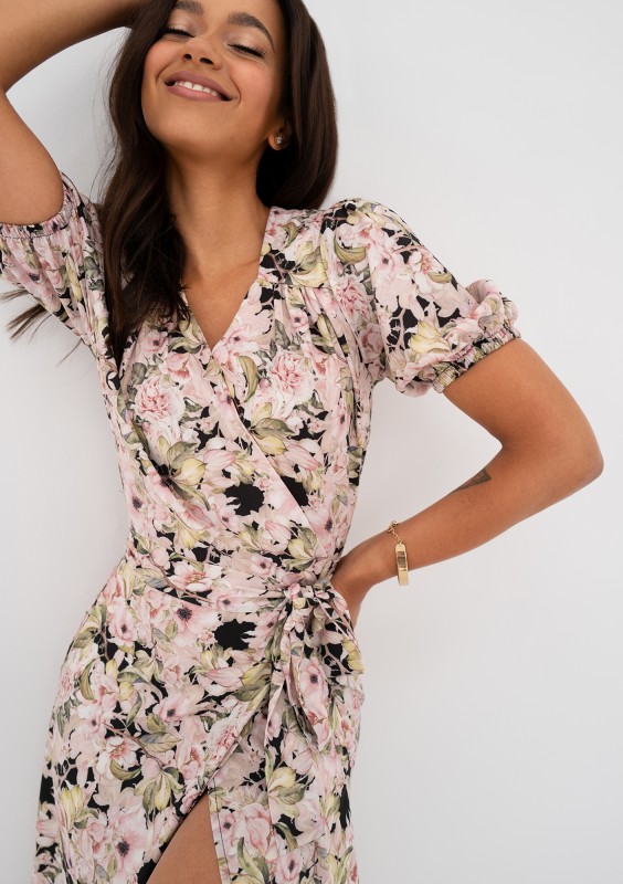 Selma - Pink flowers printed wrap dress