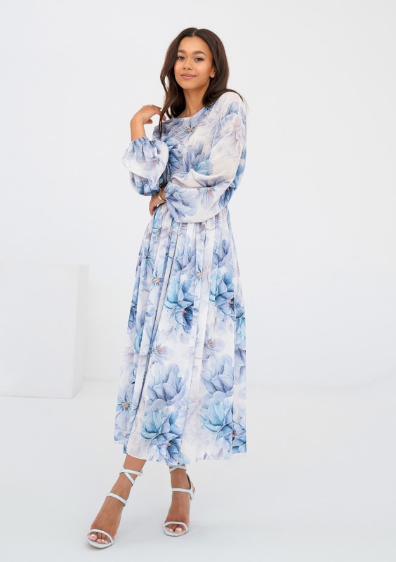 Elvire - White midi dress with a blue flowers print