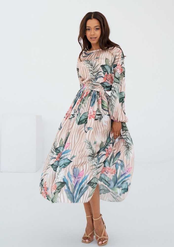 Elvire - Beige midi dress in leaves