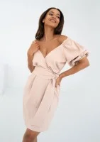 Ariela - Koktajlowa sukienka mini z bufkami Beżowa