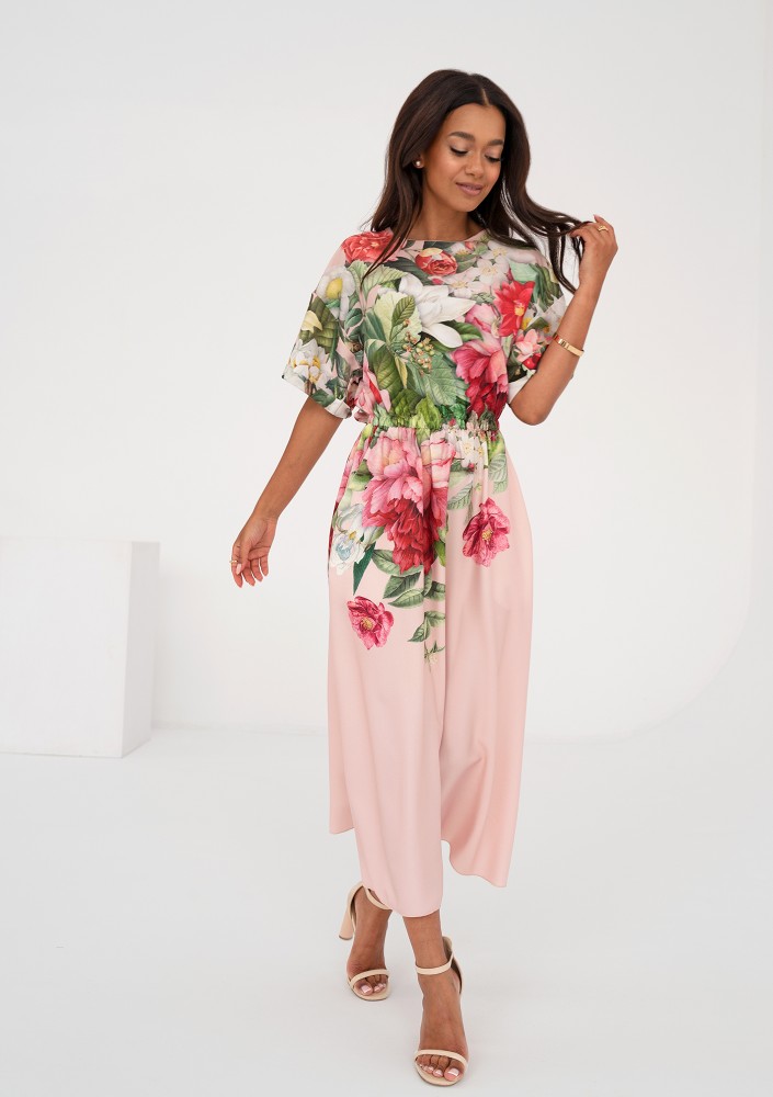 Greta - Powder pink floral printed midi dress