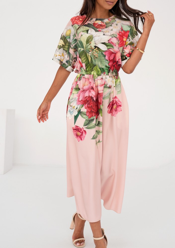 Greta - Powder pink floral printed midi dress