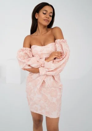 Sonia - Off shoulders powder pink jacquard mini dress