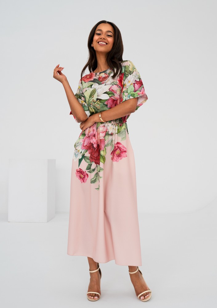 Greta - Powder pink floral printed midi dress