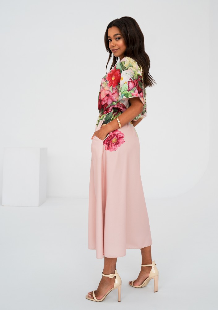 Greta - Powder pink floral printed midi dress