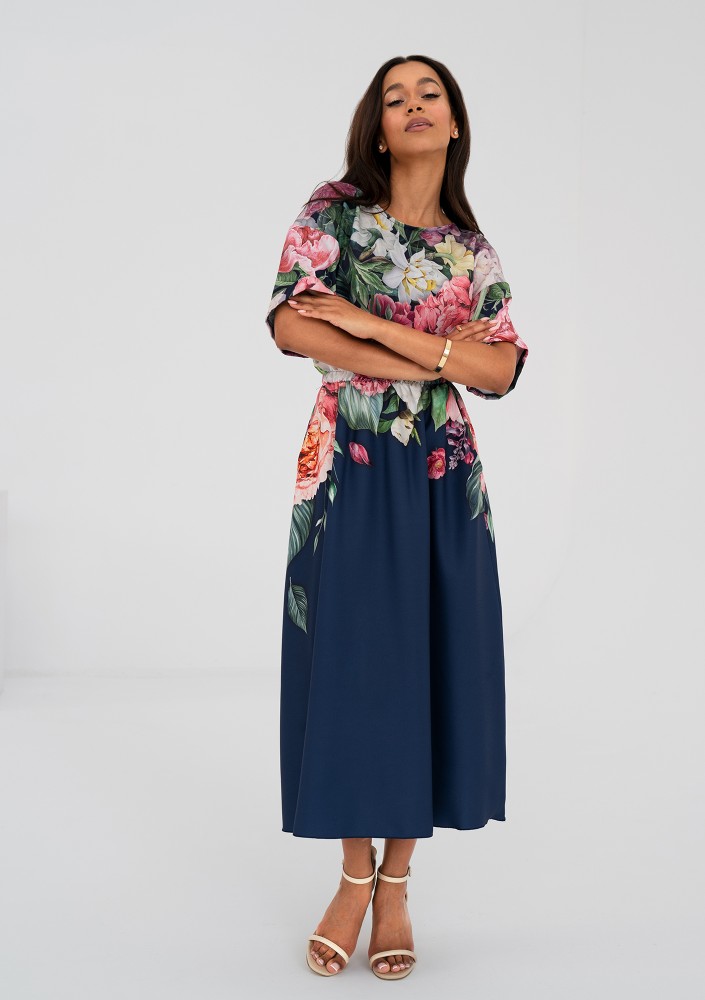 Greta - navy blue floral printed midi dress