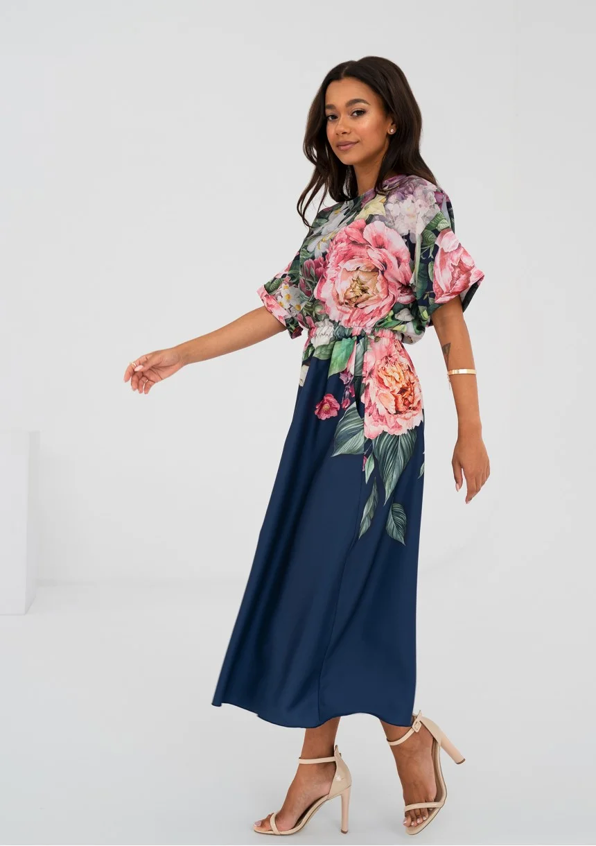 Greta - Sukienka midi z kwiatowym dekoltem Granatowa