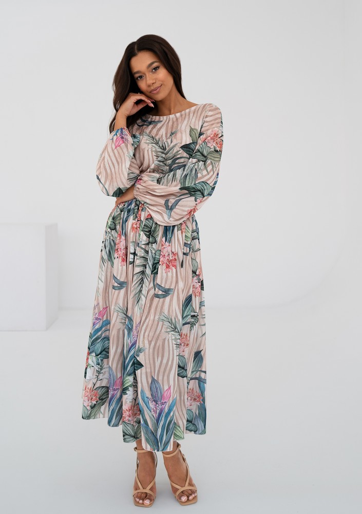 Elvire - Beige midi dress in leaves