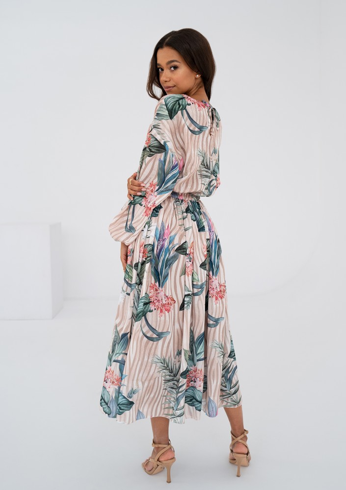 Elvire - Beige midi dress in leaves