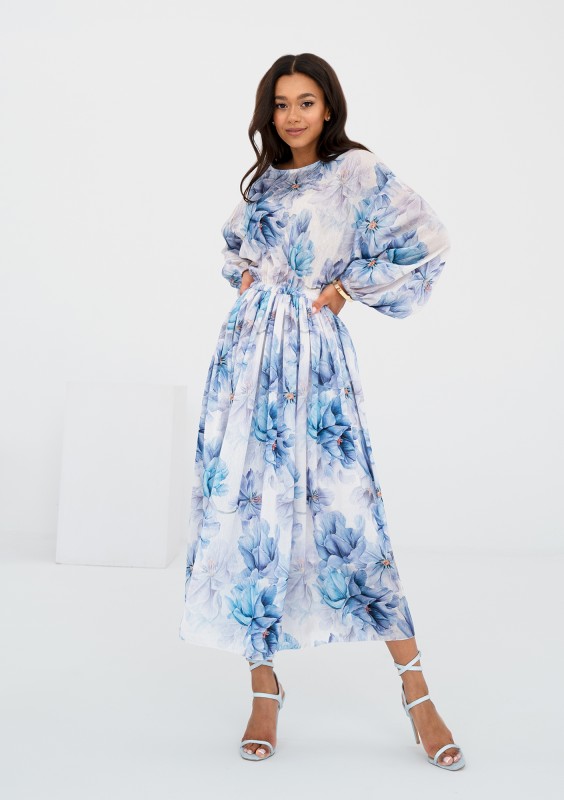 Elvire - White midi dress with a blue flowers print