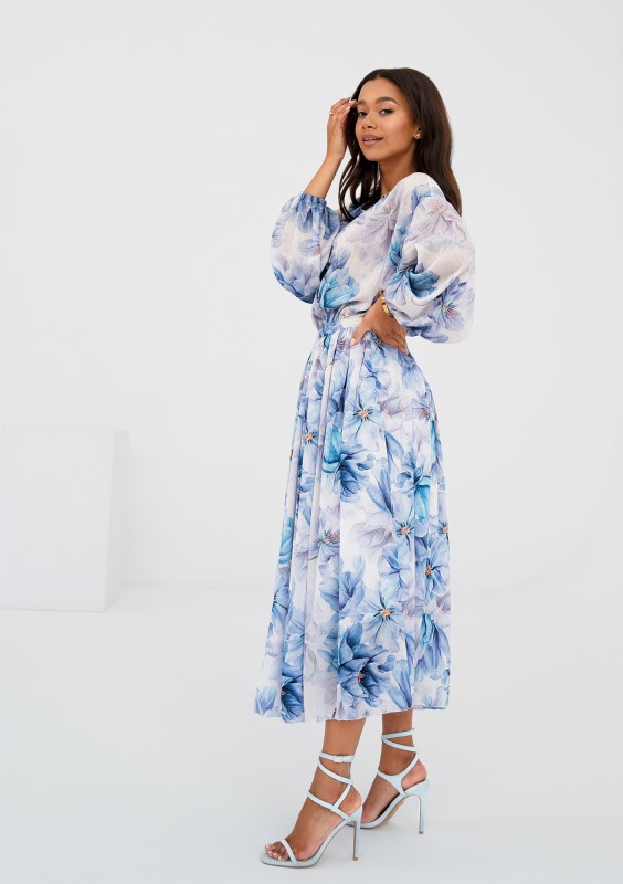 Elvire - White midi dress with a blue flowers print