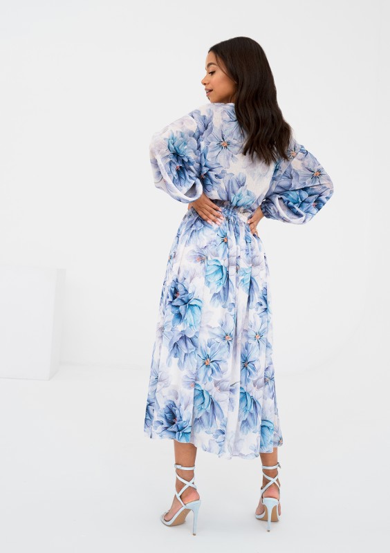 Elvire - White midi dress with a blue flowers print