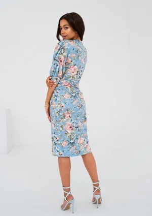 Zoela - Koktajlowa sukienka z bufkami w kwiatki