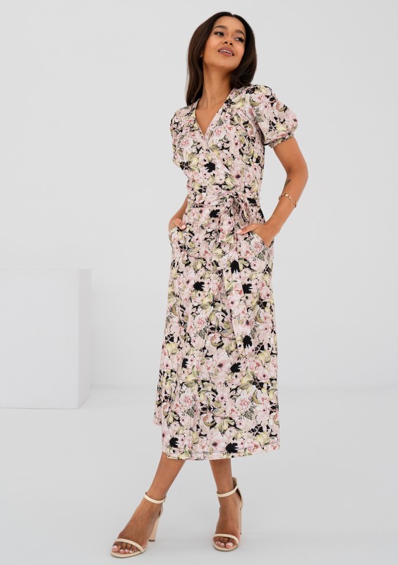 Selma - Pink flowers printed wrap dress