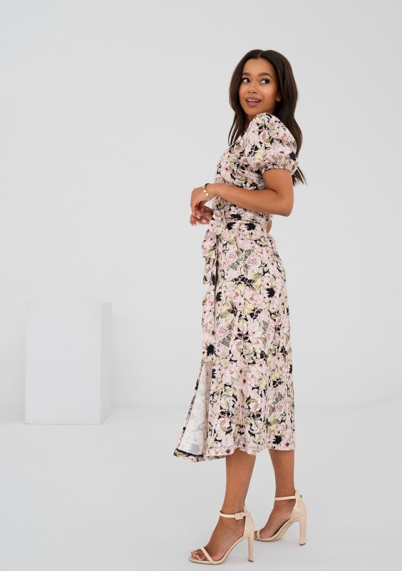 Selma - Pink flowers printed wrap dress