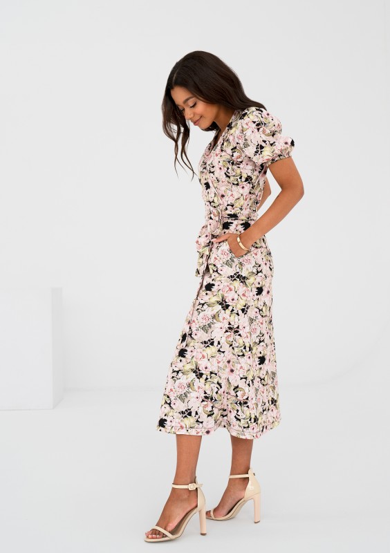 Selma - Pink flowers printed wrap dress