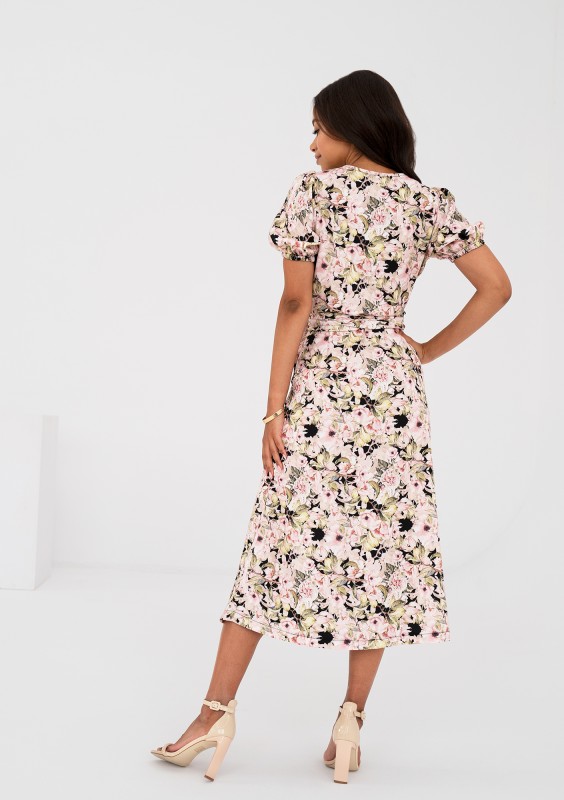 Selma - Pink flowers printed wrap dress