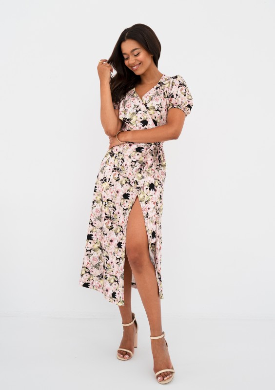 Selma - Pink flowers printed wrap dress
