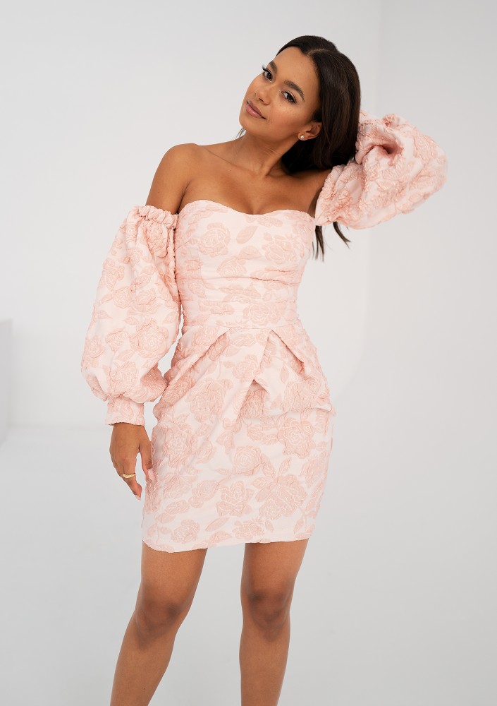 Sonia - Off shoulders powder pink jacquard mini dress