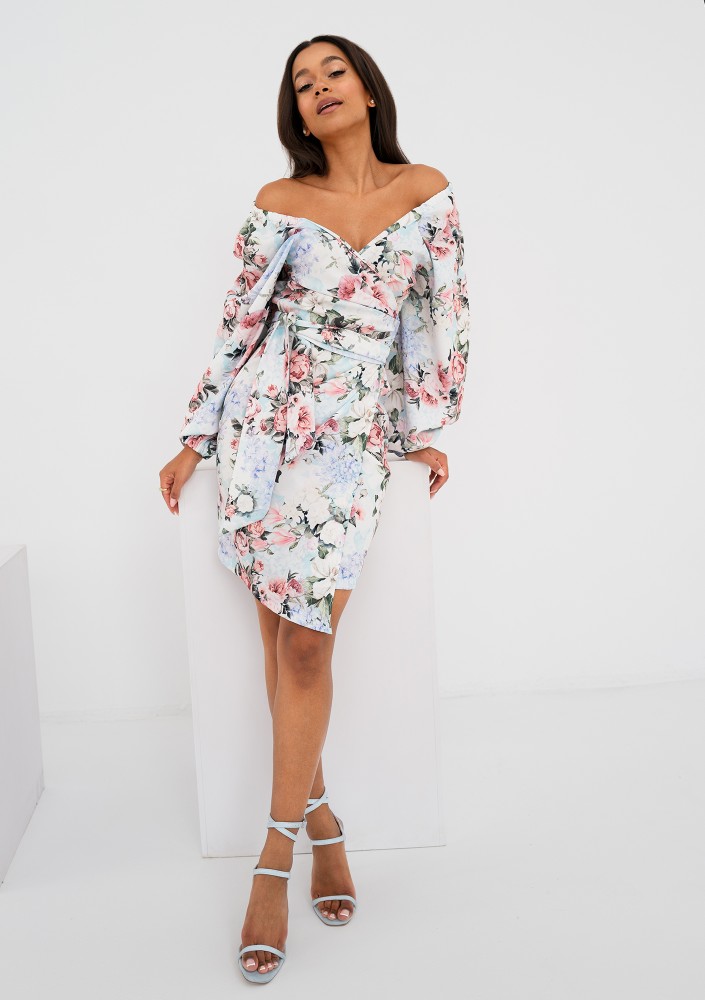 Rosell - Light blue floral printed wrap dress