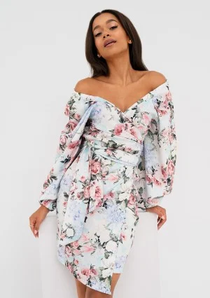 Rosell - Light blue floral printed wrap dress