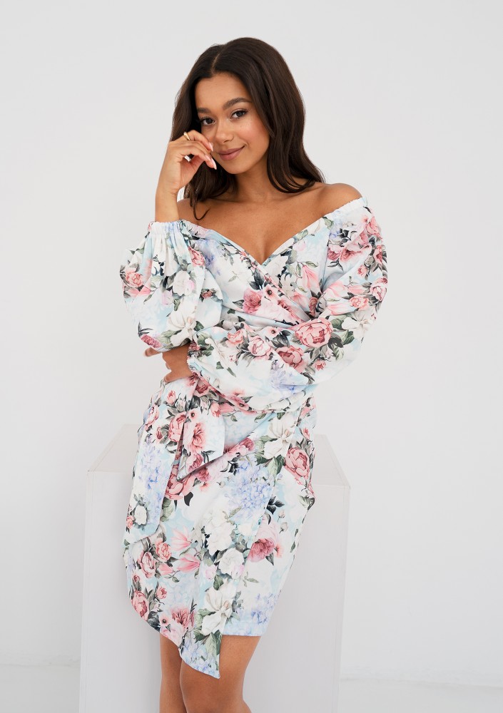 Rosell - Light blue floral printed wrap dress