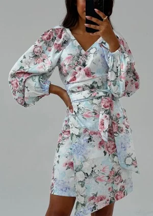 Rosell - Kopertowa sukienka w kwiatki Błękitna